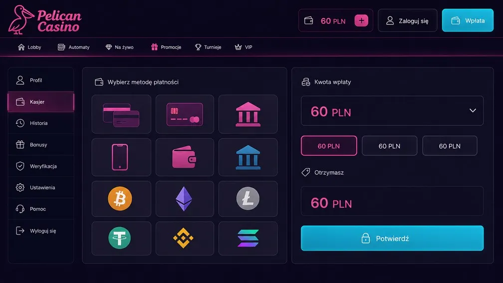 Pelican Casino bonus — tabela warunków obrotu i limit wypłaty 60 zł